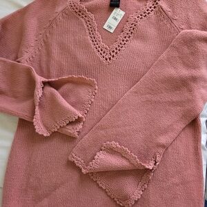 Delicate Crochet-Trim V-Neck Sweater in Dusty Rose